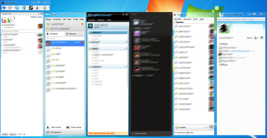 Usage Screenshot An example window grouping, full of instant message clients